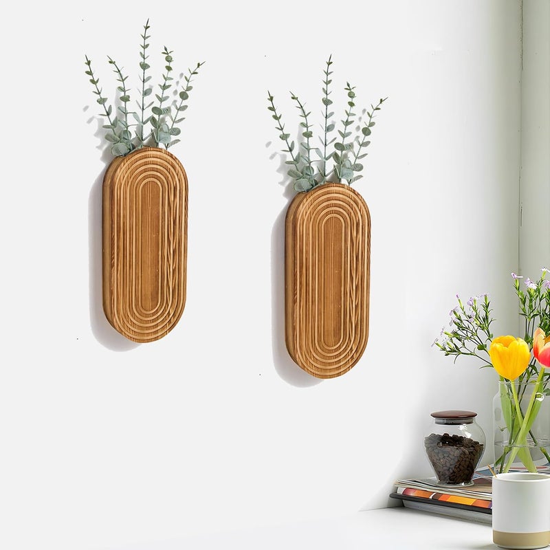 Mokof 2 Pack Carved Wood Wall Planters with Fake Eucalyptus Stems for Wall Decor - Boho Wooden Wall Art for Living Room, Bedroom, Bathroom (Brown) - Image 3